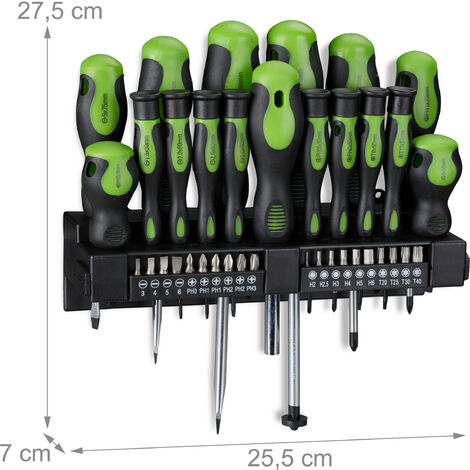 Relaxdays Set da 37 Cacciaviti Professionali, XXL, Inserti, Giraviti a Croce e a Taglio, Supporto a Parete, Nero/Verde