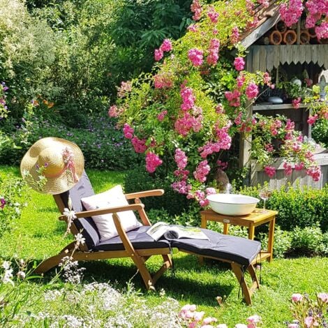 Casaria Lettino Prendisole "Queen Mary" in Legno di Acacia Pieghevole Poggiapiedi Rimovibile Sdraio da Giardino Piscina Spiaggia