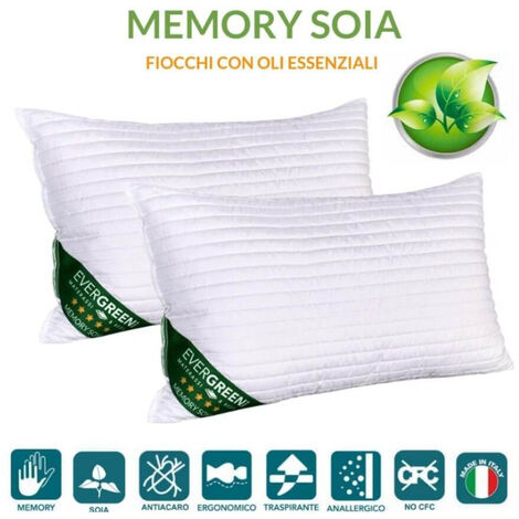 EVERGREENWEB - Coppia Cuscini Letto in MEMORY FOAM e oli essenziali di SOIA 40x70 alti 12 cm, Imbottitura con Fiocchi 100% Schiuma a Memoria CERVICALI, fodera Antiacaro, Guanciali per Dormire, OFFERTA