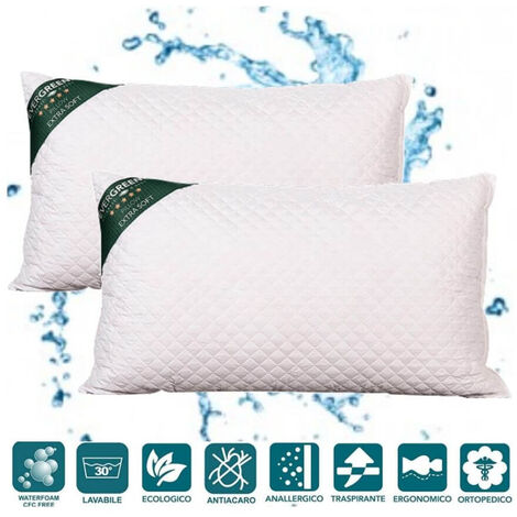 EVERGREENWEB - Cuscini Letto Coppia 40x70 alti 15 cm, 2 Guanciali lavabili in Lavatrice, Ortopedici per Dolori Cervicali, Imbottitura fiocco Super Soft Antiacaro Morbidi effetto Piuma fodera Bianca