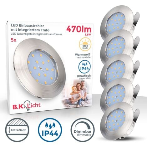 Faretti LED da incasso dimmerabili, LED integrati 5,5W, diametro foro 60mm, faretti da bagno ultrasottili, luce calda, set da 5, resistenti agli schizzi d'acqua, plastica color nickel opaco, 230V IP44