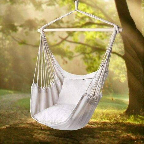 Sedia Dondolo Poltrona Amaca Cotone Con Traversa Ecru' Naturale Cuscino Giardino