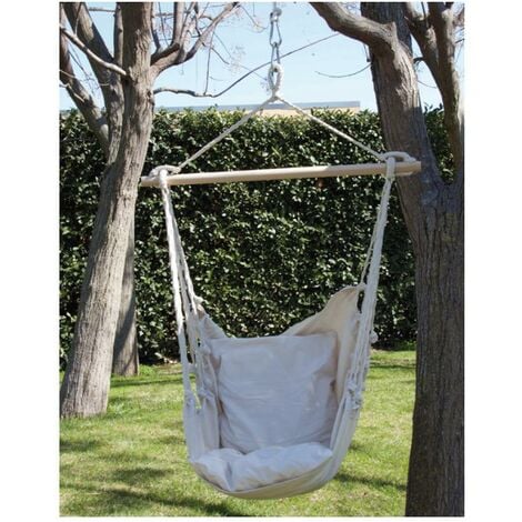 Sedia Dondolo Poltrona Amaca Cotone Con Traversa Ecru' Naturale Cuscino Giardino