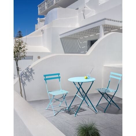 Set da Esterno 3 pezzi Tavolino e 2 Sedile Pieghevoli in Metallo Blu Fiori