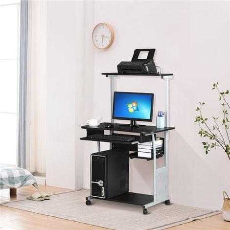 Yaheetech Scrivania Computer PC e Stampante con Ruote Ufficio Mobile Tavolo per Computer e Stampante Tastiera Scorrevole da Studio Nera