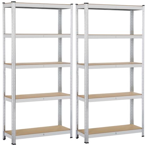 Yaheetech 2 x Scaffali/Scaffalature 180 x 90 x 30 cm Garage Magazzino Cucina in Acciaio Zincato e Legno MDF a 5 Ripiani Regolabili Carico Massimo per Ripiano 175 kg Argento