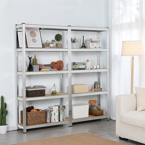 Yaheetech 2 x Scaffali/Scaffalature 180 x 90 x 30 cm Garage Magazzino Cucina in Acciaio Zincato e Legno MDF a 5 Ripiani Regolabili Carico Massimo per Ripiano 175 kg Argento
