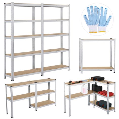 Yaheetech 2 x Scaffali/Scaffalature 180 x 90 x 30 cm Garage Magazzino Cucina in Acciaio Zincato e Legno MDF a 5 Ripiani Regolabili Carico Massimo per Ripiano 175 kg Argento