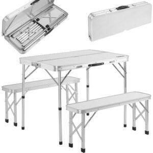 Casaria Set Tavolo da campeggio con 2 panche in alluminio a valigetta tavolino picnic giardino bianco