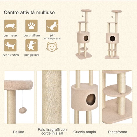PawHut Albero Tiragraffi Robusto per Gatti con 5 Livelli, Max 30kg