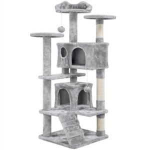 Yaheetech Tiragraffi per Gatti Albero Tira Graffi Graffiatoio Sisal Naturale Giocattolo Giochi Gatto Elegante con 2 Palle Antiribaltamento Grigio Chiaro