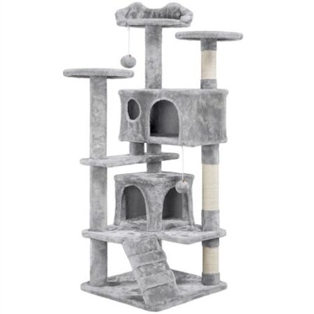 Yaheetech Tiragraffi per Gatti Albero Tira Graffi Graffiatoio Sisal Naturale Giocattolo Giochi Gatto Elegante con 2 Palle Antiribaltamento Grigio Chiaro