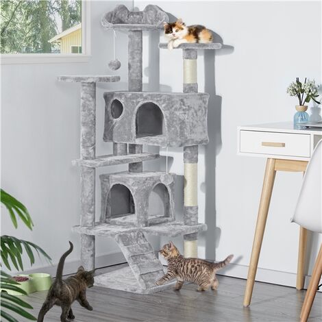 Yaheetech Tiragraffi per Gatti Albero Tira Graffi Graffiatoio Sisal Naturale Giocattolo Giochi Gatto Elegante con 2 Palle Antiribaltamento Grigio Chiaro
