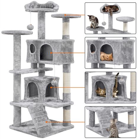 Yaheetech Tiragraffi per Gatti Albero Tira Graffi Graffiatoio Sisal Naturale Giocattolo Giochi Gatto Elegante con 2 Palle Antiribaltamento Grigio Chiaro