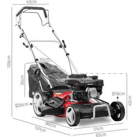 Tagliaerba a scoppio 150cc 6cv, 4 tempi motore OHV semovente a doppia lama in acciaio a doppio, bordo 460mm 18", regolabile in altezza di taglio e cestello, con capacità 55L - Greencut GLM770X