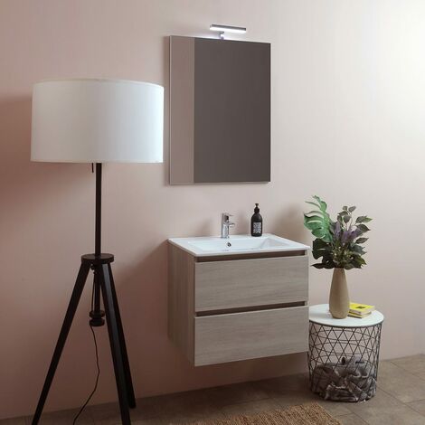 Mobile Bagno Con Cassetti E Lavabo Ceramico + Luce A Led 60 Cm Olmo Leone  Berlin