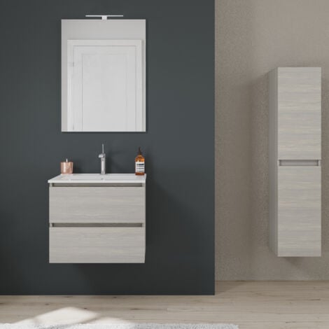 Mobile Bagno Con Cassetti E Lavabo Ceramico + Luce A Led 60 Cm Olmo Leone  Berlin