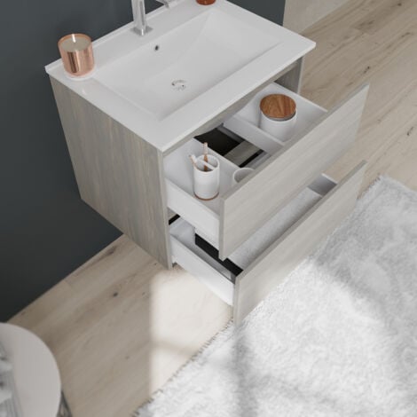 Mobile Bagno Con Cassetti E Lavabo Ceramico + Luce A Led 60 Cm Olmo Leone  Berlin