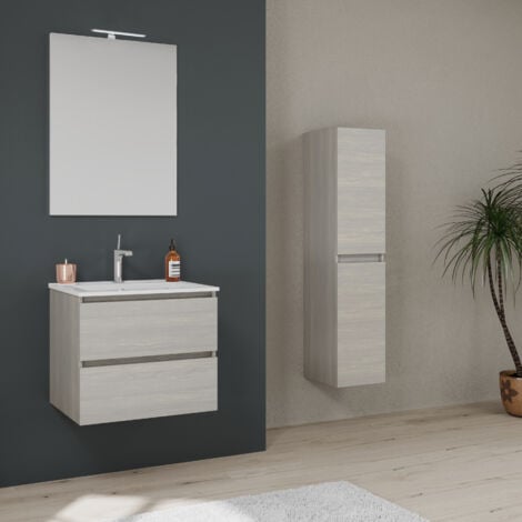 Mobile Bagno Con Cassetti E Lavabo Ceramico + Luce A Led 60 Cm Olmo Leone  Berlin