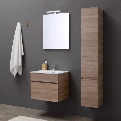 Mobile Bagno Sospeso Da 60 Cm Con Cassetto, Specchio E Lavabo Quercia  Sole