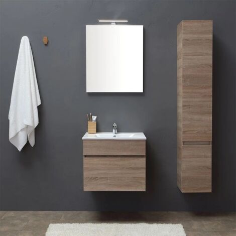 Mobile Bagno Sospeso Da 60 Cm Con Cassetto, Specchio E Lavabo Quercia  Sole