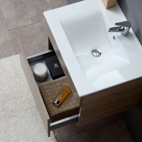 Mobile Bagno Sospeso Da 60 Cm Con Cassetto, Specchio E Lavabo Quercia  Sole