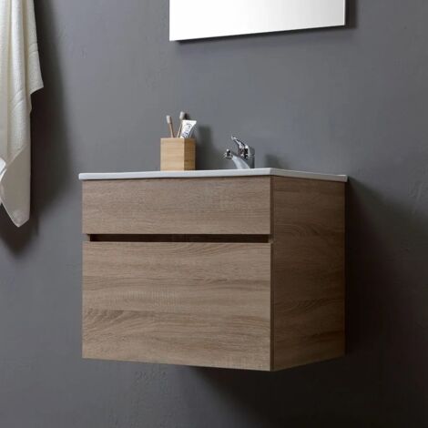 Mobile Bagno Sospeso Da 60 Cm Con Cassetto, Specchio E Lavabo Quercia  Sole