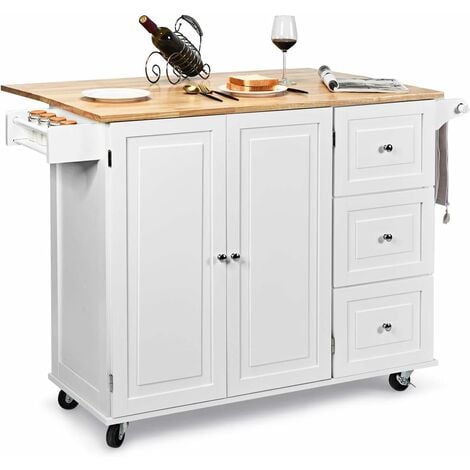 COSTWAY Carrello da Cucina in Legno, Credenza Cucina Salvaspazio con Mensole Regolabili, Armadietto per Microonde con Cassetti, 136 x 76 x 91 cm (Bianco)