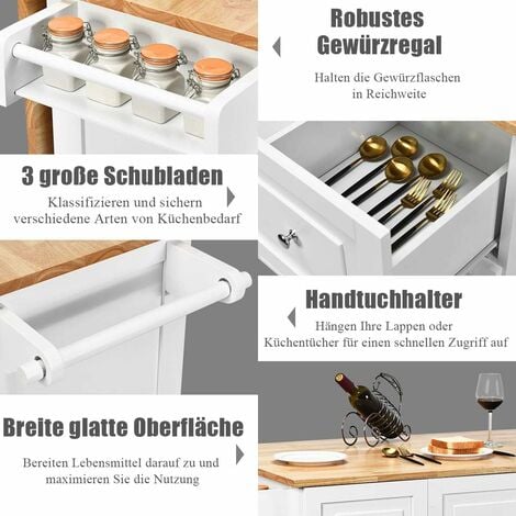 COSTWAY Carrello da Cucina in Legno, Credenza Cucina Salvaspazio con Mensole Regolabili, Armadietto per Microonde con Cassetti, 136 x 76 x 91 cm (Bianco)