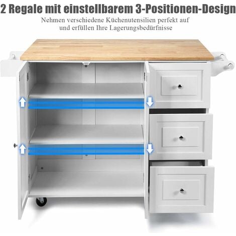 COSTWAY Carrello da Cucina in Legno, Credenza Cucina Salvaspazio con Mensole Regolabili, Armadietto per Microonde con Cassetti, 136 x 76 x 91 cm (Bianco)