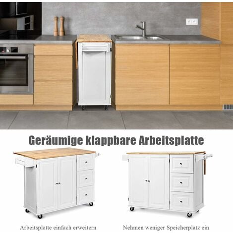 COSTWAY Carrello da Cucina in Legno, Credenza Cucina Salvaspazio con Mensole Regolabili, Armadietto per Microonde con Cassetti, 136 x 76 x 91 cm (Bianco)