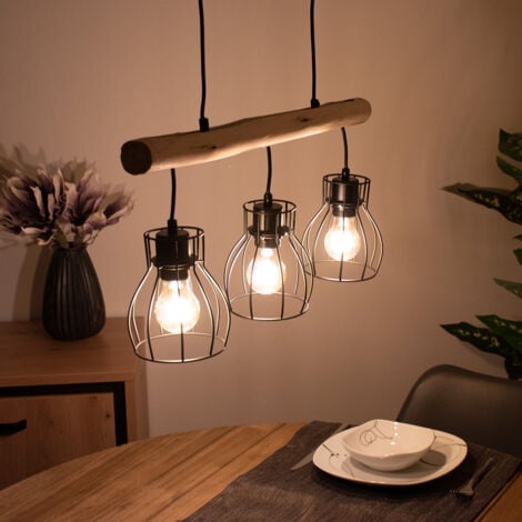 Lampada a pendolo da soffitto vintage Design a gabbia Soggiorno Sala da pranzo Lampada a sospensione con trave di legno Globo 15326-3N