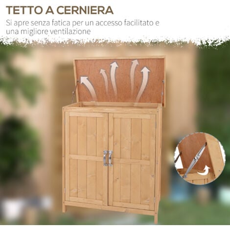 Outsunny Armadio da Esterno in Legno a 2 Ripiani con Tetto Apribile