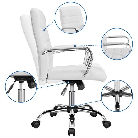 Yaheetech Sedia/Poltrona Ufficio Scrivania Ergonomica Reclinabile Imbottita in Finta Pelle Girevole con Rotelle e Braccioli Altezza Regolabile Bianca