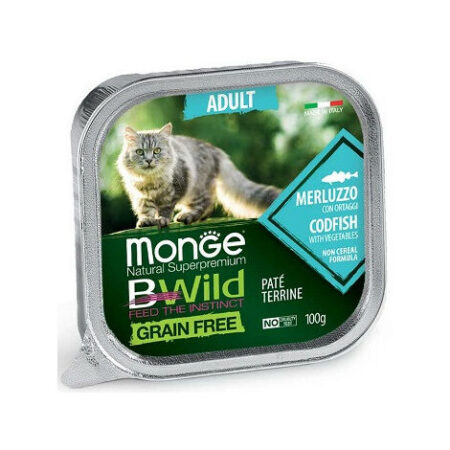 Monge BWild Grain Free Patè per Gatti Adulti da 100 gr  Merluzzo con Ortaggi