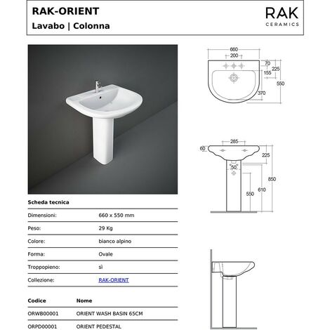 Lavabo bagno con colonna 66x55 cm Rak serie Orient in ceramica bianca lucida