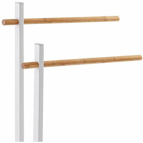 Piantana Porta Asciugamani Bianca con Bracci in Legno di Bambu