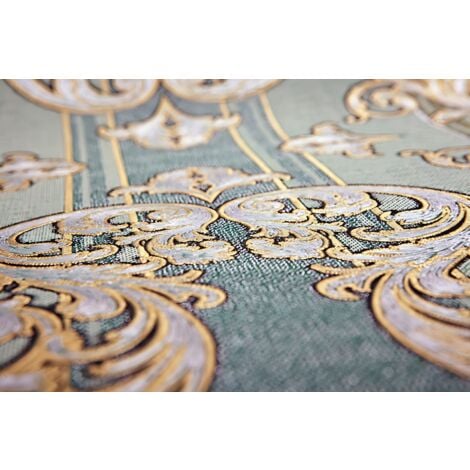 Carta da parati barocca EDEM 580-35 Carta da parati in vinile espanso strutturata con aspetto tessile ed effetto metallico verde verde-pino oro-perlato argento 5,33 m2