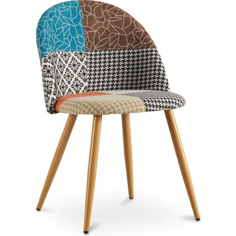 Sedia da pranzo imbottita in patchwork - Stile scandinavo - Patty Multicolore - Metallo con pittura transfer in legno, Legno, Lino