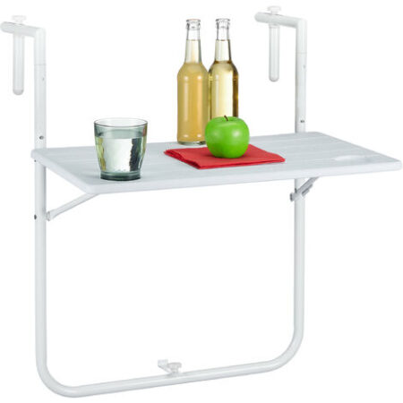 Relaxdays Tavolino Pieghevole per Balcone, 3 Altezze Regolabili, Tavolo da Appendere Ringhiera LxP: 59,5x35,5 cm, Bianco