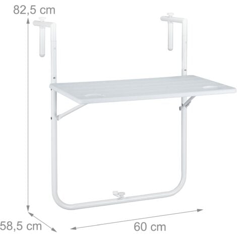 Relaxdays Tavolino Pieghevole per Balcone, 3 Altezze Regolabili, Tavolo da Appendere Ringhiera LxP: 59,5x35,5 cm, Bianco