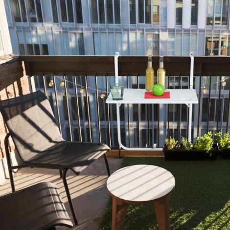 Relaxdays Tavolino Pieghevole per Balcone, 3 Altezze Regolabili, Tavolo da Appendere Ringhiera LxP: 59,5x35,5 cm, Bianco