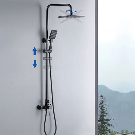 Auralum Nero Colonna Doccia con Miscelatore, Set de Doccia con Quadrato Soffione e Doccetta, Regolabile e Altezza Regolabile 900-1240mm
