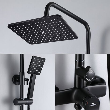 Auralum Nero Colonna Doccia con Miscelatore, Set de Doccia con Quadrato Soffione e Doccetta, Regolabile e Altezza Regolabile 900-1240mm