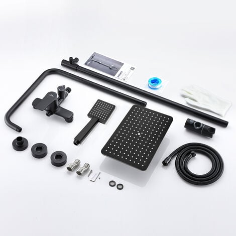 Auralum Nero Colonna Doccia con Miscelatore, Set de Doccia con Quadrato Soffione e Doccetta, Regolabile e Altezza Regolabile 900-1240mm
