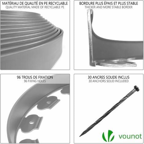 VOUNOT Bordo Giardino Flessibile con Chiodi di Fissaggio, Bordi Aiuole Plastica, 10m, Grigio