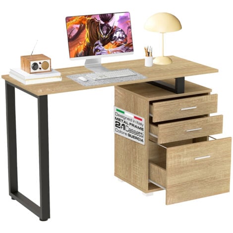 Scrivania con Cassettiera Tavolo Porta Pc Computer Acciaio Legno Quercia Chiaro