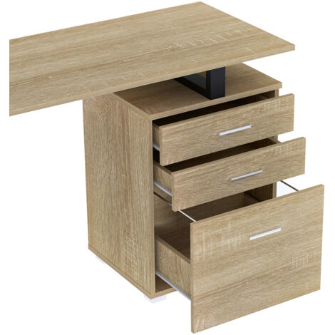 Scrivania con Cassettiera Tavolo Porta Pc Computer Acciaio Legno Quercia Chiaro