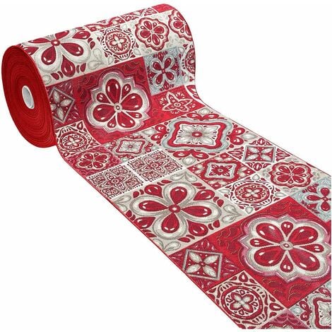 Tappeto Cucina Tessuto Gobelin Passatoia Lavabile Antiscivolo Maioliche 100% Made In Italy Bordeaux - 52x40 cm