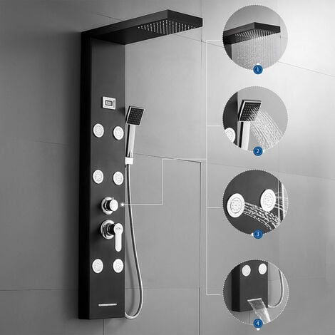 Colonna Doccia Idromassaggio Pannello Doccia in Acciaio Inox,4 Funzioni Sistema Doccia, soffione, idromassaggio, doccia a cascata, doccetta, Nero